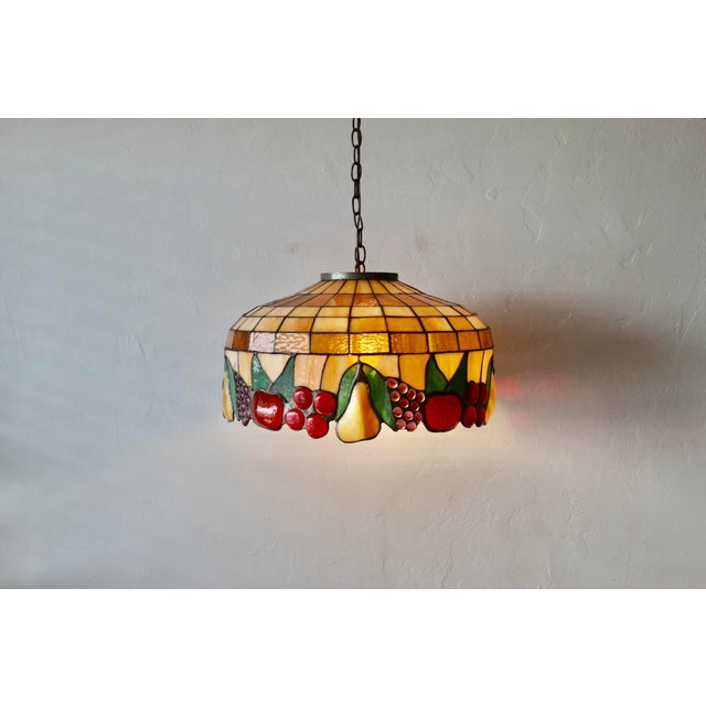 1970s Tiffany-Style Stained Glass Fruit Leaf Motif Pendant Hanging Light Fixture For Sale - Image 14 of 18