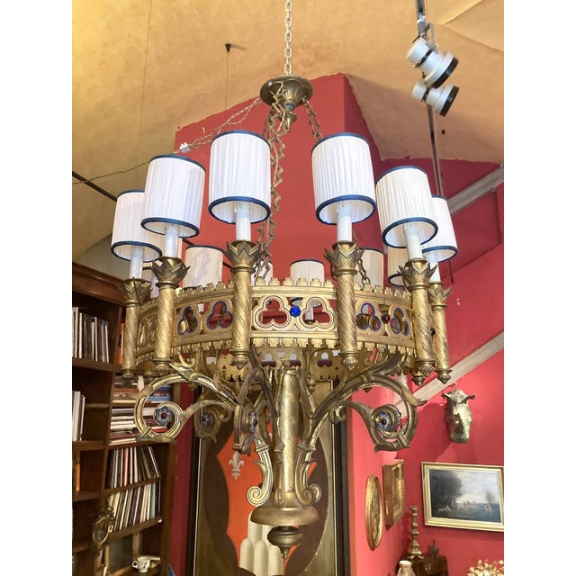 This antique 19th century Italian large gilt bronze and enameld Gothic Revival pendant chandelier dating back to 1850...