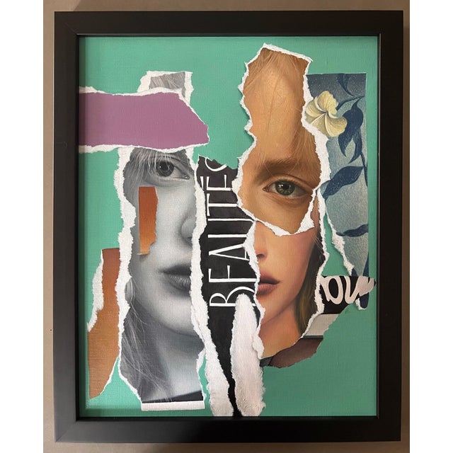 This artwork features a dynamic composition of torn paper elements layered over a vibrant mint background, creating a...