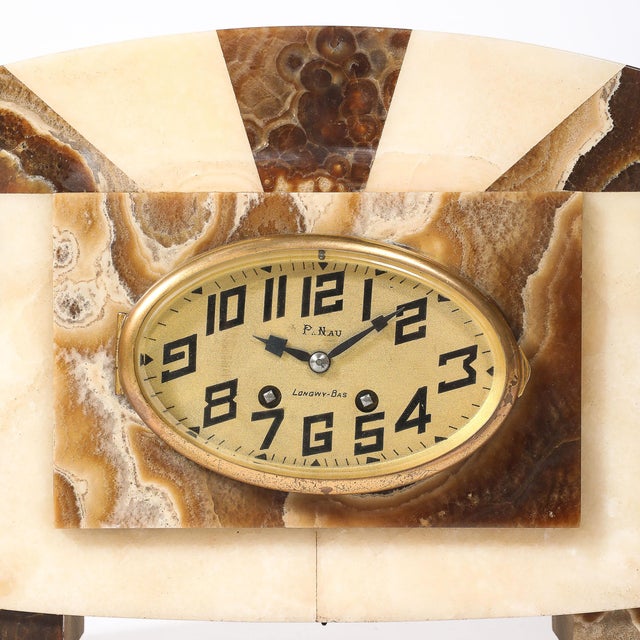 Art Deco Art Deco Mantlepiece Clock in Tessellated Ice Sugar & Cream Onyx W/ Gilt Bronze For Sale - Image 3 of 15