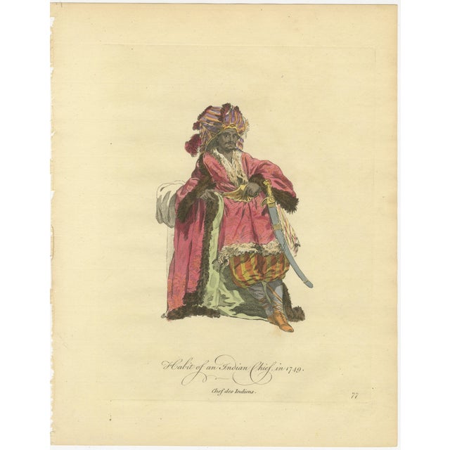 Title: Antique Costume Print – Indian Chief, Exotic Dress & Arms, 1749 : A striking and highly decorative antique costume...
