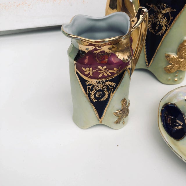 Vintage heavy gold, navy blue and sage green colored cocoa 13 pieces set , includes 4 saucers 4.5"D, cups 2.25"D X 2.25"H...