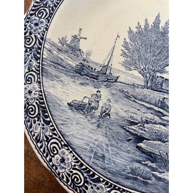 French Mid Twentieth Century Oversized Blue and White Delft Charger Made in Belgium For Sale - Image 3 of 6