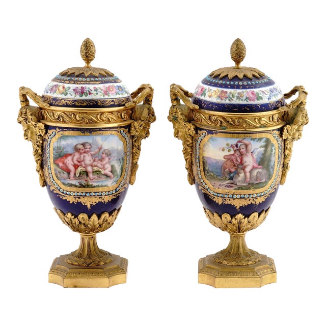 1880s French Sevres Style Blue Ormolu Porcelain Urns-Pair For Sale