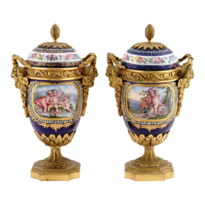 1880s French Sevres Style Blue Ormolu Porcelain Urns-Pair