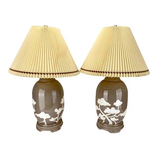 Asian White Bonsai Tree Design Taupe Ceramic Table Lamp, a Pair For Sale