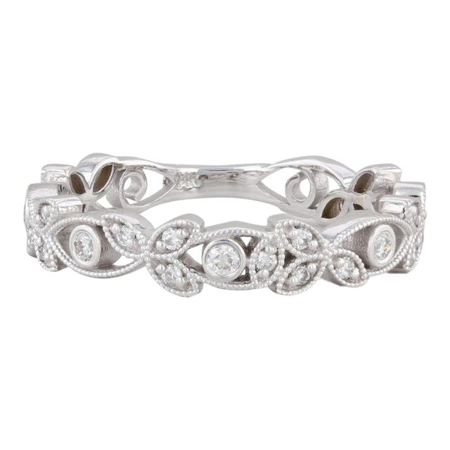 New Diamond Floral Ring 14k White Gold Size 6.25 Stackable Wedding Band For Sale