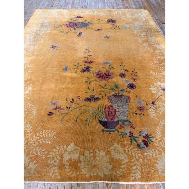 1920s Antique Yellow Field Flowers Border Knotted Chinese Art Deco Carpet Rug For Sale In New York - Image 6 of 6