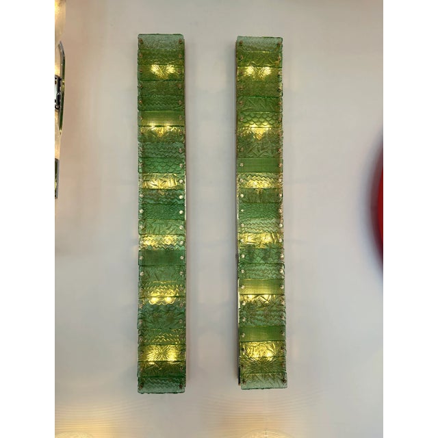 Large Contemporary Pair of Brass Green Gold Leaf Murano Glass Sconces, Italy For Sale - Image 6 of 13