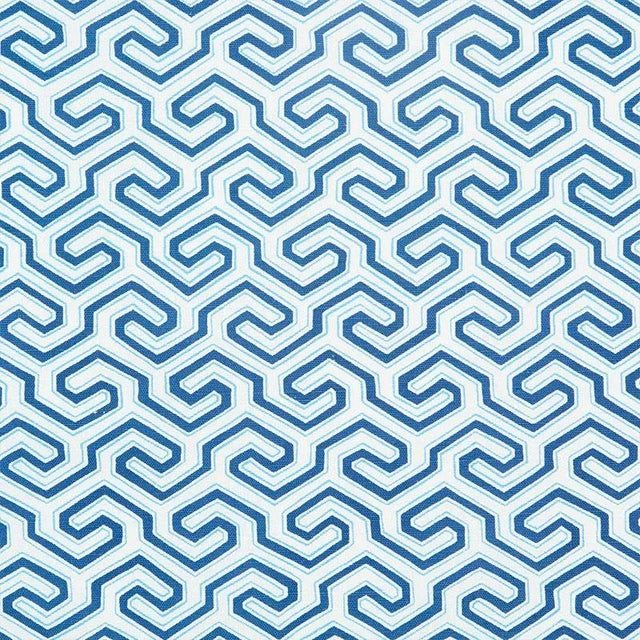 Schumacher Ming Fret Print Fabric in Blue For Sale