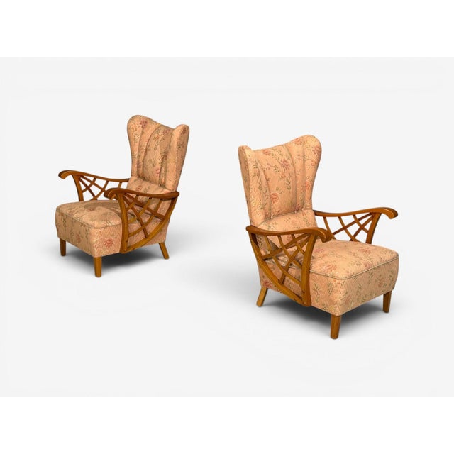 Swedish Mid-Century Modern, Large Lounge Chairs, Braided Wood, Fabric, Sweden, 1930s Pair of impressive Scandinavian...