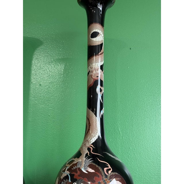 Monumental Pair of Meiji Japanese Cloisonne Enamel Dragons on Black Enamel Vases For Sale In New York - Image 6 of 9