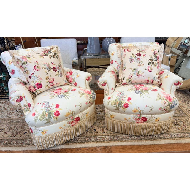 Early 21st Century Pair of Custom Chintz Club Chairs in Scalamandré Floral Fabric For Sale - Image 5 of 12