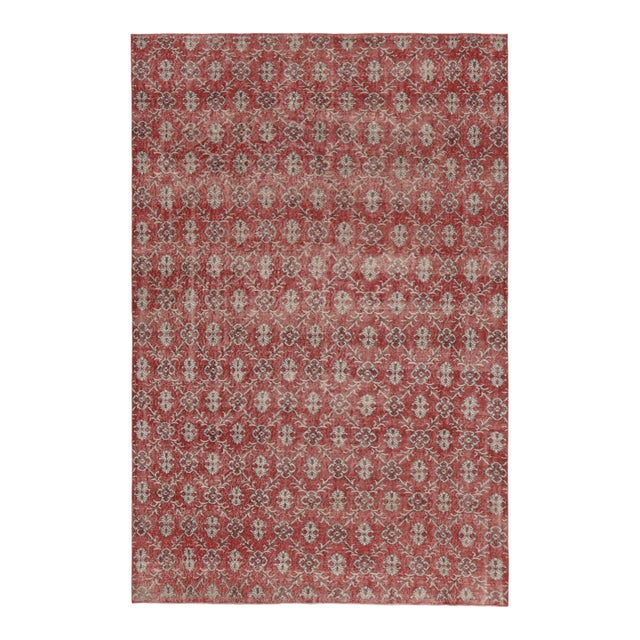 Vintage Distressed Rug, Rich Red With White Floral Lattices – Rug & Kilim For Sale