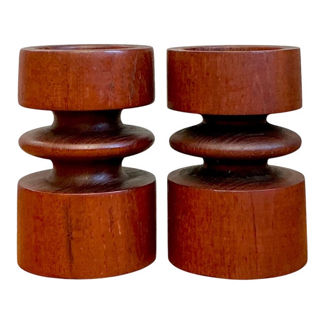 Vintage Mid-Century Modern Wood Candle Holders - A Pair For Sale