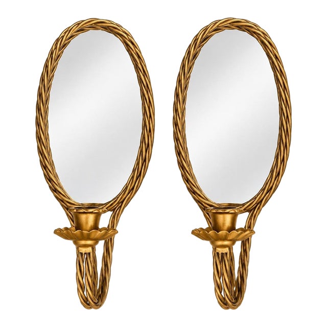 Vintage Hollywood Regency Gold Rope Frame Mirrored Candle Sconces, Pair For Sale
