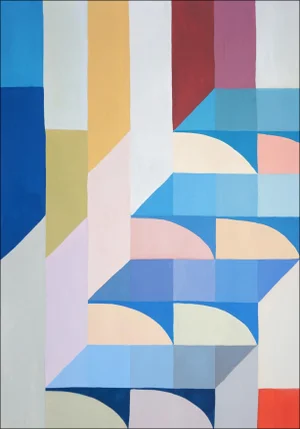 2025, Abstract Geometric Landscape in Vivid Tones, Space Age Influence, Staircase to Summit, Acrylic Paint on Watercolor Paper