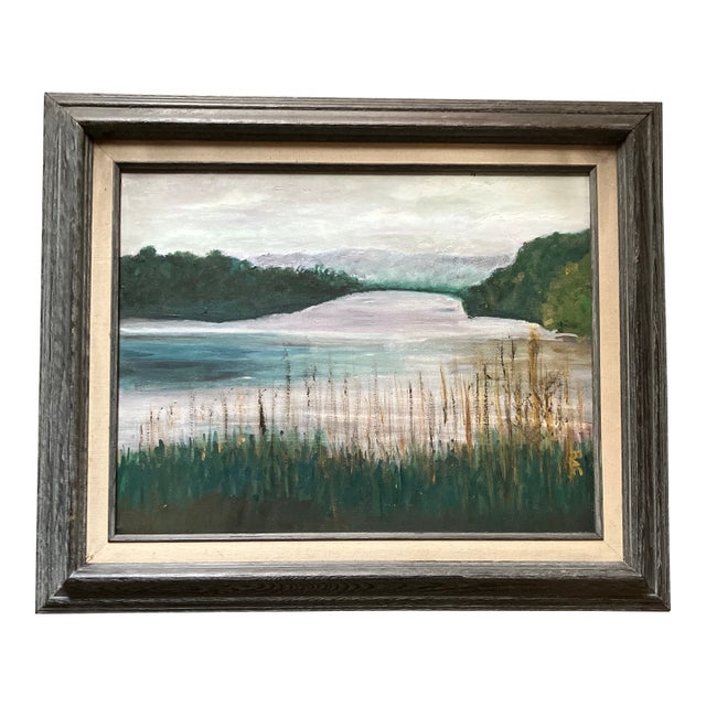 1970’s Original Abstract Moody Landscape Painting Vintage Wood Frame For Sale