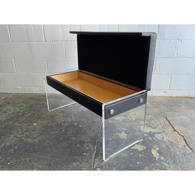 Metal Vintage Lucite, Chrome & Black Leather Bench With Storage Compartment, 1970s For Sale - Image 7 of 7