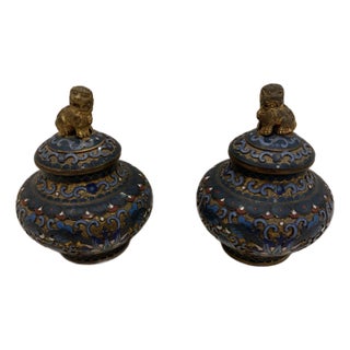 Pair of Antique Handmade Chinese Foo Dog Enamel Champleve Cloisonné Ginger Jars For Sale