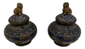 Pair of Antique Handmade Chinese Foo Dog Enamel Champleve Cloisonné Ginger Jars