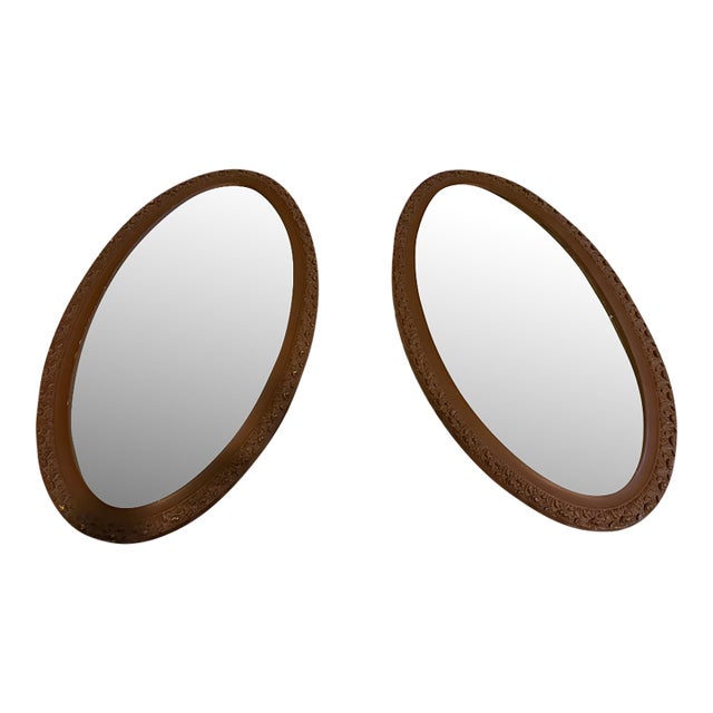 Pair of Rare Antique Oval Gesso Over Wood Wall Mirrors (Matching Set – 19”x35”) For Sale