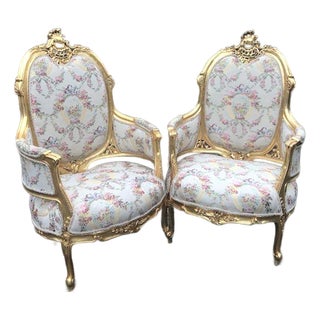 Late 20c French Louis XVI Gilt Beech Damask Bergère – 2 PCS For Sale