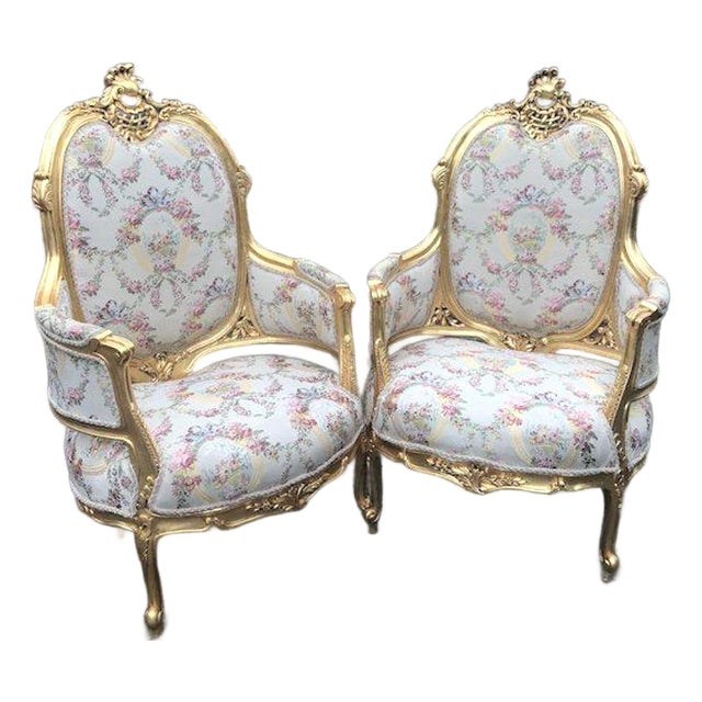 Late 20c French Louis XVI Gilt Beech Damask Bergère – 2 PCS For Sale