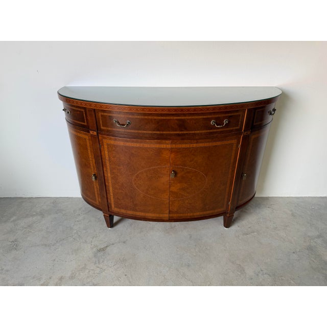 Hollywood Regency Vintage Regency Style Mahogany Burl Demilune Sideboard / Bar Cabinet For Sale - Image 3 of 12