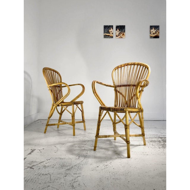 Mid-Century Modern Summer Bamboo and Wicker Chairs by Adrien Audoux and Frida Minnet, 1950, Set of 4 For Sale - Image 3 of 4