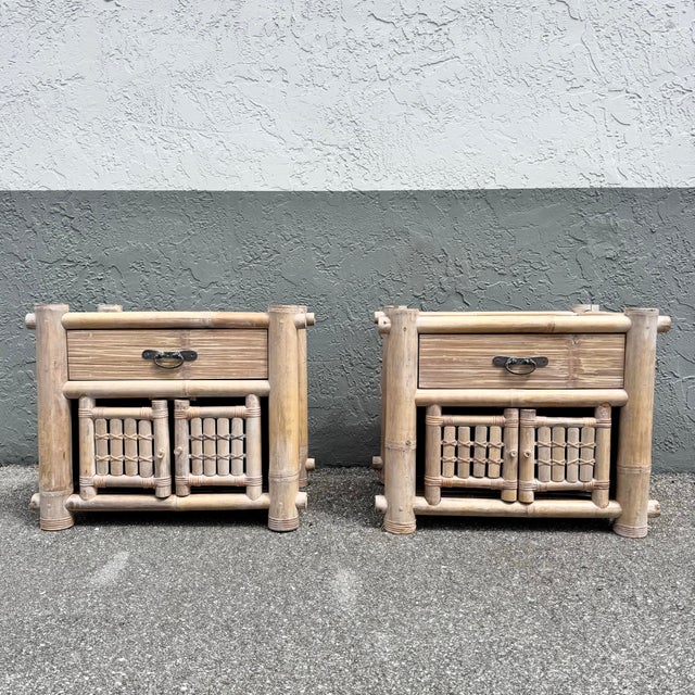 Boho Chic Boho Chic Chunky Bamboo Wicker Nightstands - A Pair For Sale - Image 3 of 12