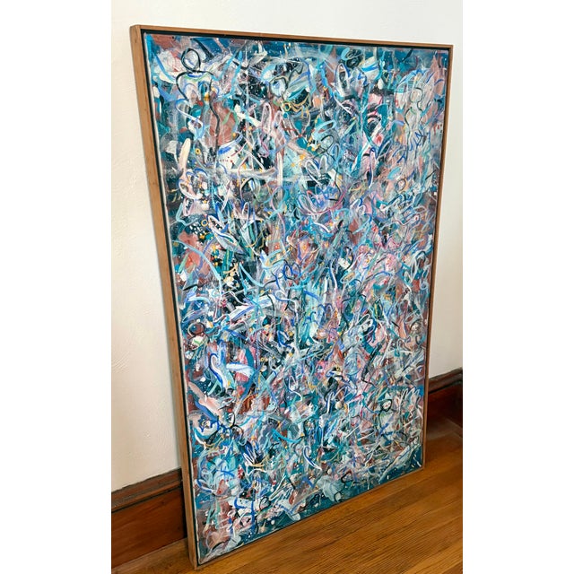 Large 1980s abstract painting in a thin handmade wooden frame. Signed David Compton on reverse and dated Feb. 20, 1988....