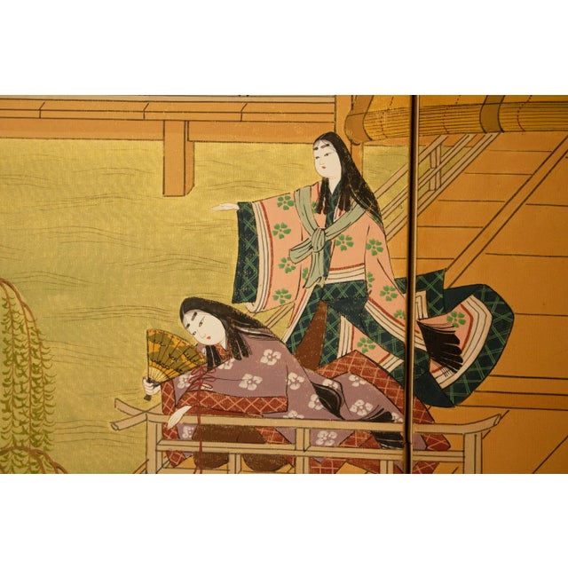 Wood 1970s "The Tale of Genji" Japanese Painted Silk Byobu Screen For Sale - Image 7 of 18