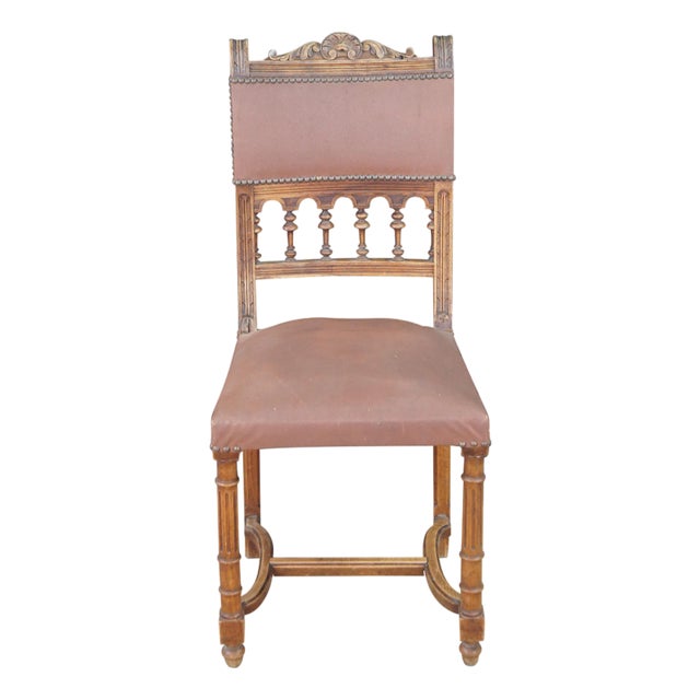 Antique French Henry II Gothic Revival Oak Nailhead Dining Side Desk Chair For Sale