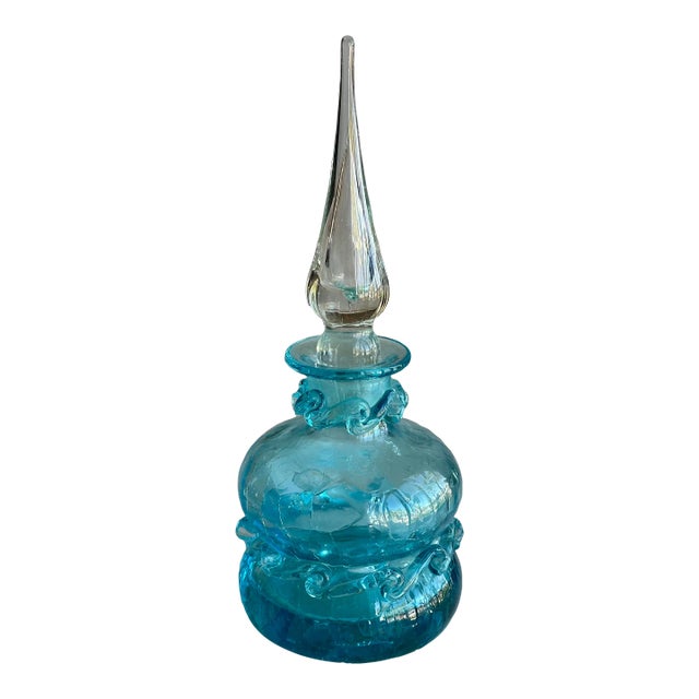 1960s Turquoise Blue Blenko or Empoli Style Crackle Glass Bottle With Stopper For Sale