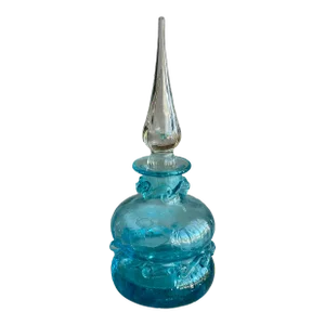 1960s Turquoise Blue Blenko or Empoli Style Crackle Glass Bottle With Stopper