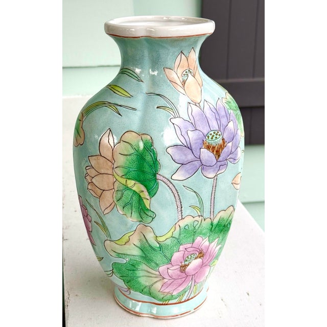 Chinoiserie Vintage Late 20th Century Pastel Waterlily Chinoiserie Vase For Sale - Image 3 of 10