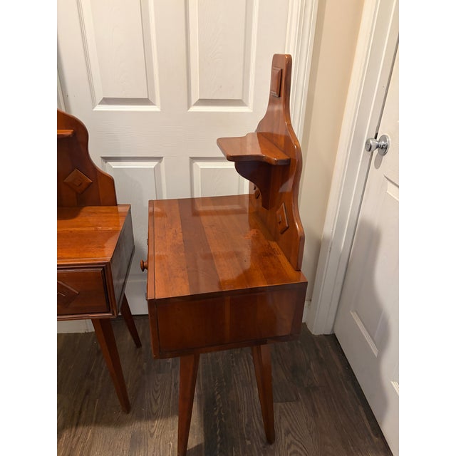 This rare matching pair of Mid-Century Modern writing desks/vanities was made by the Franklin Shockey Company of...