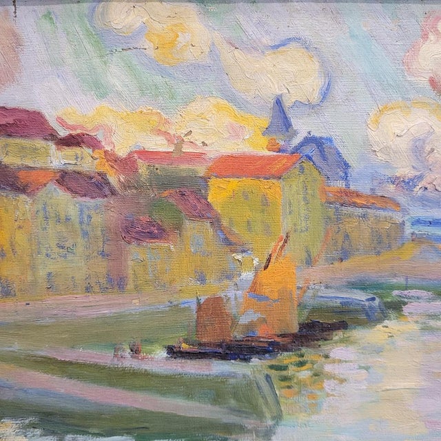 Blue Julián De Tellaeche, Coastal Village, Early 20th Century, Oil on Panel, Framed For Sale - Image 8 of 18