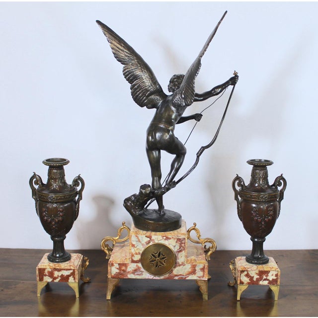 Antique Clock Garniture Rare French 1896 "Amour Irresistible" Angel Statue Pink Marble 3-Piece Mantel Set For Sale - Image 4 of 17