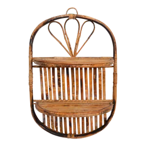 Vintage 1970s Burnt Bamboo Tortoise Handcrafted 2 Tier Hanging Folding Wall Shelf