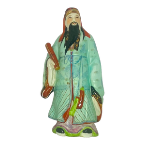 1960s Vintage Chinese Statue Fu Xing Signed Hand-Painted Porcelain Good Fortune God