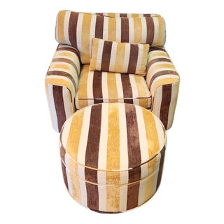 Striped Club Chair and Matching Ottoman For Sale