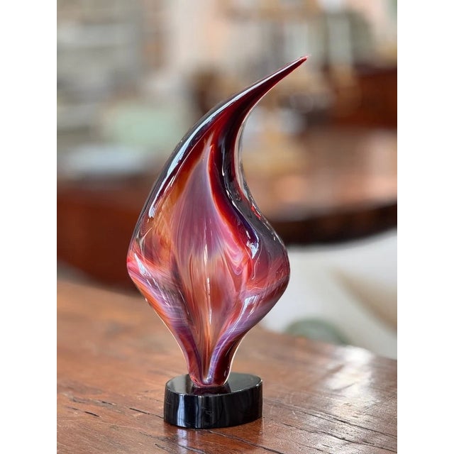 "Flame" by Dino Rosin (Italian b. 1949) Murano Art Glass Sculpture, striated glass in burgundies, deep oranges, subtle...