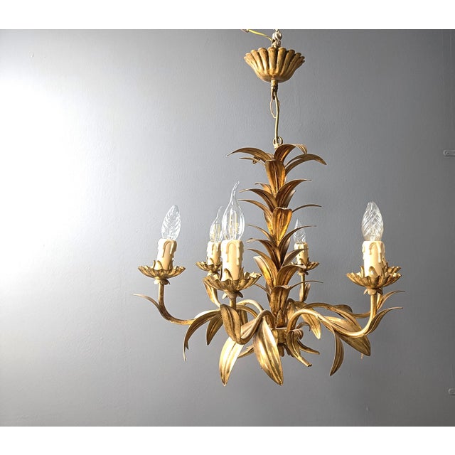 Metal Vintage Gilt Metal Pineapple Leaf Chandelier, 1960s For Sale - Image 7 of 8