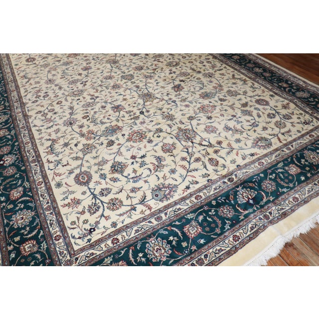 Textile Vintage Zabihi Collection Large Ivory Green Indian Room Rug For Sale - Image 7 of 11