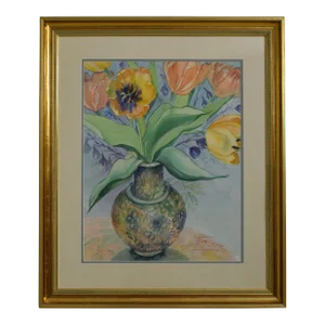 Professionally Framed & Matted Gold Leaf Framed Still Life Watercolor