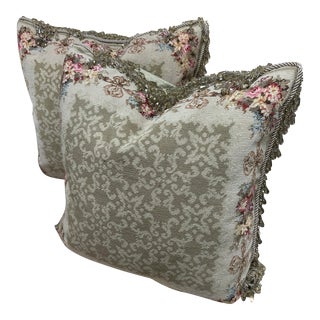 Pair of Vintage Custom Floral Needlepoint Down Pillows For Sale