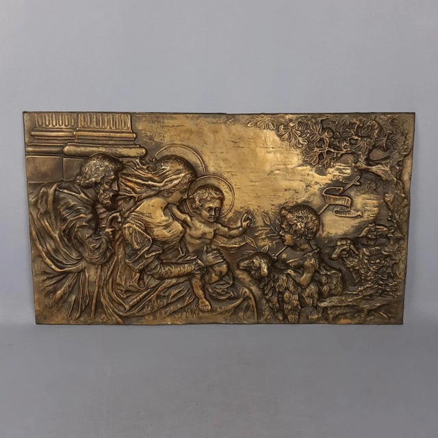 Brass and Embossed Sheet Metal High Relief Panel with Holy Family Painting, 1940s For Sale - Image 11 of 11