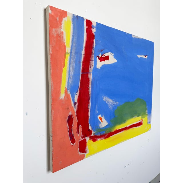 Summer Horizon is a contemporary abstract landscape painting that uses acrylic paint to stain the canvas and form large...